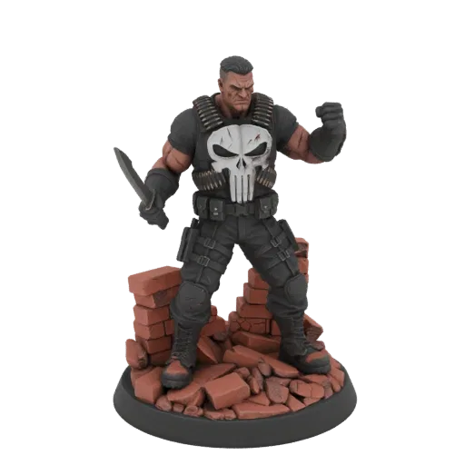Modèle 3D de la figurine d'action du Punisher en pose tactique, portant une chemise ornée d'un crâne et un équipement de comb