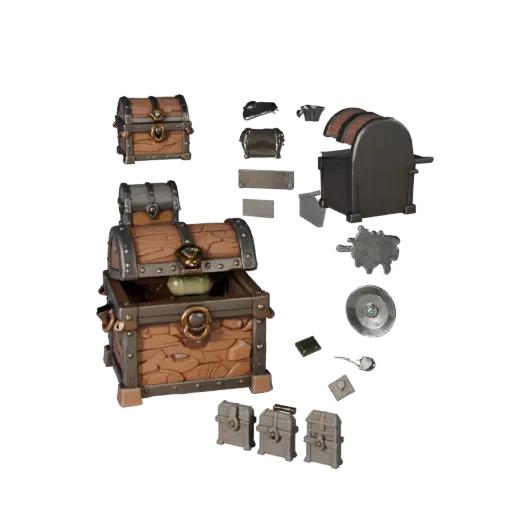 Fantasy Treasure Chest Stylized 3D model, stylized isometric render, showing aged wood, clear pickup silhouette.
