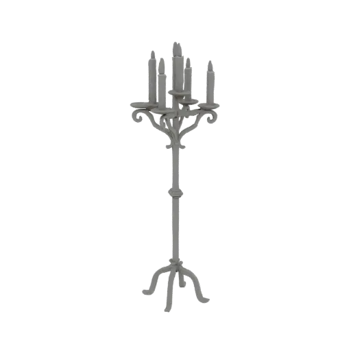 Un modèle 3D détaillé d'un grand et orné chandelier gothique avec plusieurs porte-bougies, rendu sur fond noir.