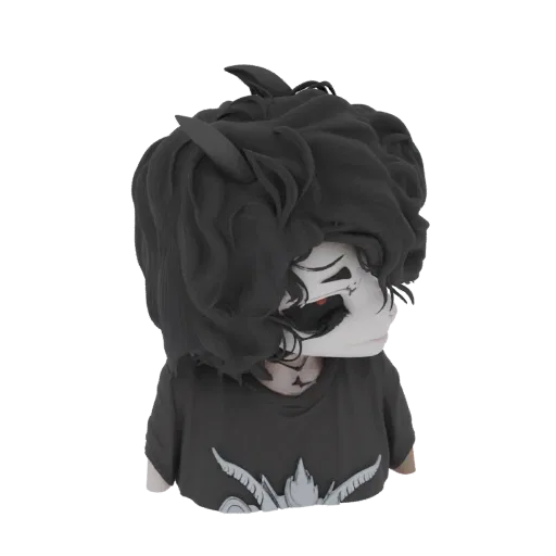 Modelo 3D de un personaje gótico anime con cabello negro, ojos rojos y camiseta oscura, mostrado de perfil.
