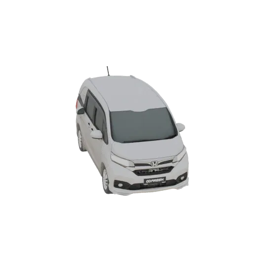 Un rendering 3D di una Honda MPV bianca, vista da un'angolazione anteriore sinistra leggermente elevata su uno sfondo semplic
