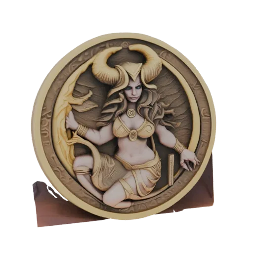3D model of a Taurus Zodiac Goddess with bull horns, wearing ornate attire, in a powerful pose.