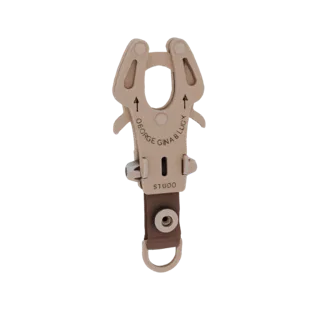 3D model of a George Gina & Lucy Studo keychain with a beige metal clasp and brown leather strap.