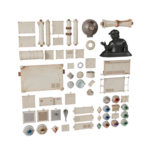 Modello 3D modulare Bundle Rotolo da Laboratorio, vista isometrica del kit, con carte simili a carta, forme piccole e leggibi