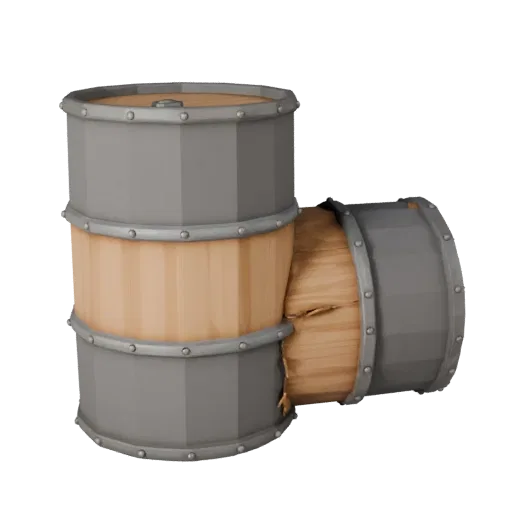 Industrial Barrel Low Poly 3D model, game viewport three-quarter view, showing wood planks, stackable massing.