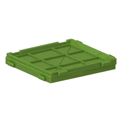 A 3D render of a green modular crate tray with nine distinct compartments and interlocking tabs, viewed from a slightly eleva