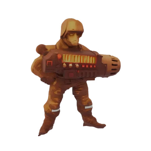 Modelo 3D de soldado sci-fi em armadura marrom segurando um grande canhão de plasma com energia laranja brilhante.
