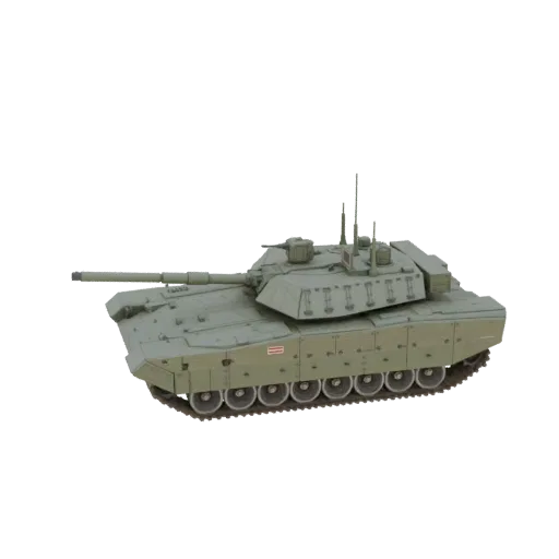 3D model of an olive drab M1 Abrams main battle tank, viewed from a three-quarter front angle against a black background.