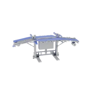 3D model of a heavy-duty industrial gantry crane with a grey metallic finish and blue structural accents, set against a black