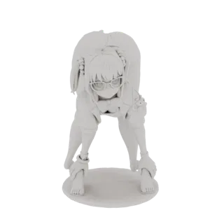 Un modello 3D di una ragazza anime con occhiali, china in posa 'Jack-o'-Lantern', con la schiena rivolta allo spettatore.