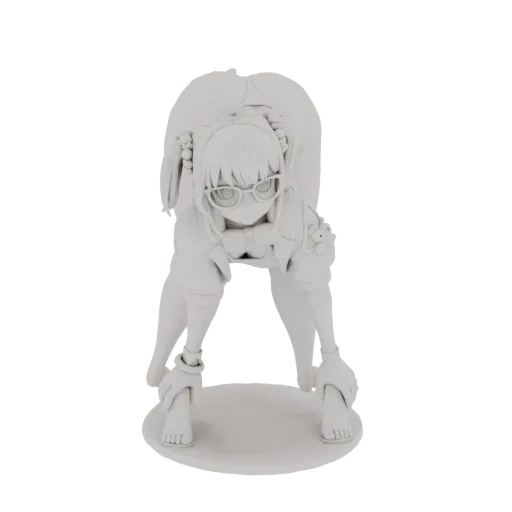 A 3D model of an anime girl with glasses, bent over in a 'Jack-o'-Lantern' pose, with her back to the viewer.