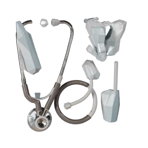 Dental-Stethoskop Low-Poly 3D-Modell, Spiel-Viewport-Dreiviertelansicht, zeigt Edelstahl, handgehaltenes Werkzeugmaßstab.