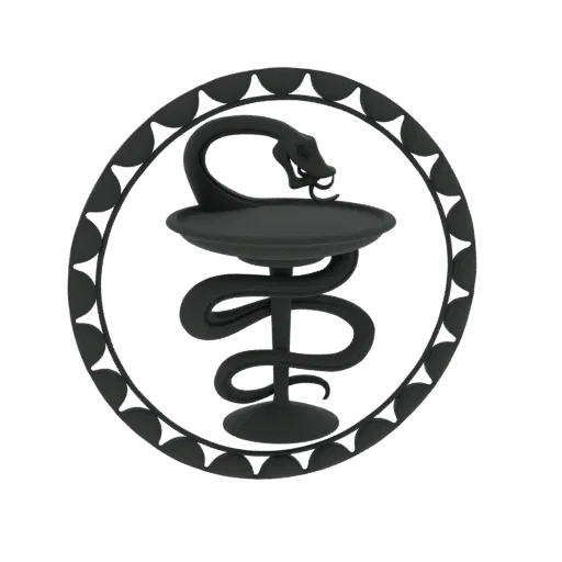 3D model of the Rod of Asclepius emblem, a black serpent coiled around a staff within a decorative circular frame.