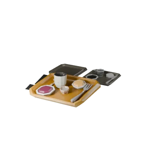 Picnic Breakfast Tray Low Poly 3D model, game viewport three-quarter view, showing ceramic, arranged serving layout.