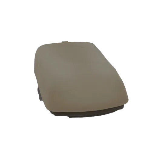 A 3D model of a minimalist beige cap, viewed from a slightly elevated angle, showcasing its smooth texture and classic shape.