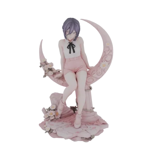 3D model of an anime girl with purple hair sitting on a pink crescent moon decorated with flowers.