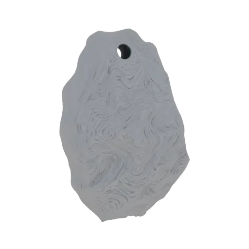 3D render of a light gray, irregularly shaped stone pendant with swirling, wavy textures and a hole at the top.