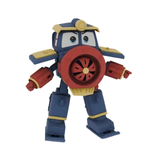 3D render of a blue and red anthropomorphic train robot character with yellow accents, standing with arms outstretched.