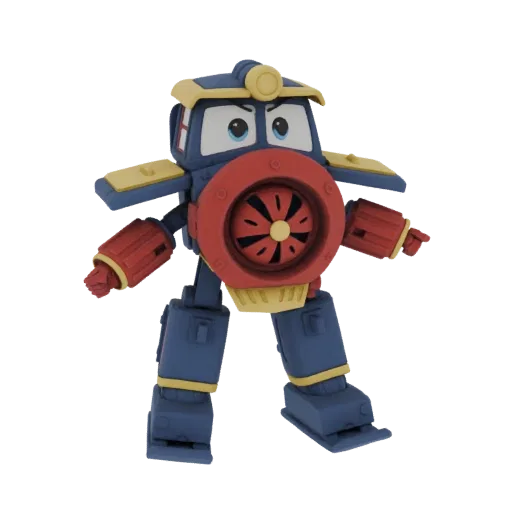 3D render of a blue and red anthropomorphic train robot character with yellow accents, standing with arms outstretched.