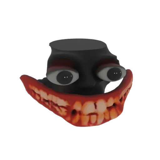 3D model of a grotesque black creature with large eyes and a wide, toothy, bloody grin against a black background.