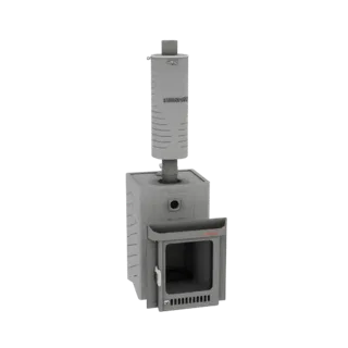 Modèle 3D d'un poêle à bois moderne gris avec une haute cheminée, doté d'une porte frontale avec une fenêtre en verre.