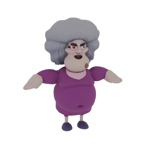 Stylized Cartoon Grandma with Big Hair and Purple Dress 3D Model