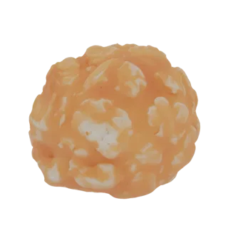3D-Modell eines Popcornballs mit glänzender Karamellsauce und sichtbaren Popcornkörnern.