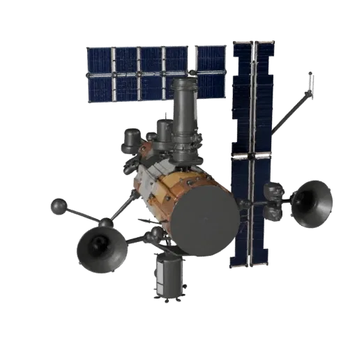 Communication Satellite Stylized 3D model, stylized isometric render, showing solar panels, spacecraft silhouette.