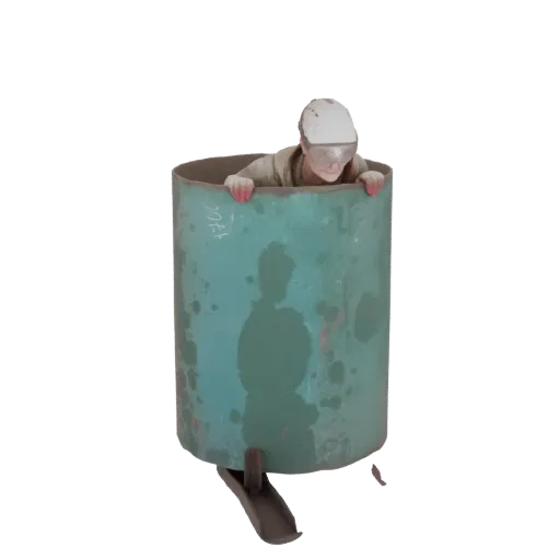 3D model of a worker in a hard hat and goggles peeking out of a weathered teal barrel.