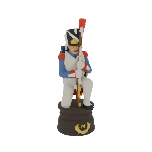 3D model of a Napoleonic soldier kneeling with a musket, wearing a blue coat and shako hat, on a dark base with an 'N' emblem