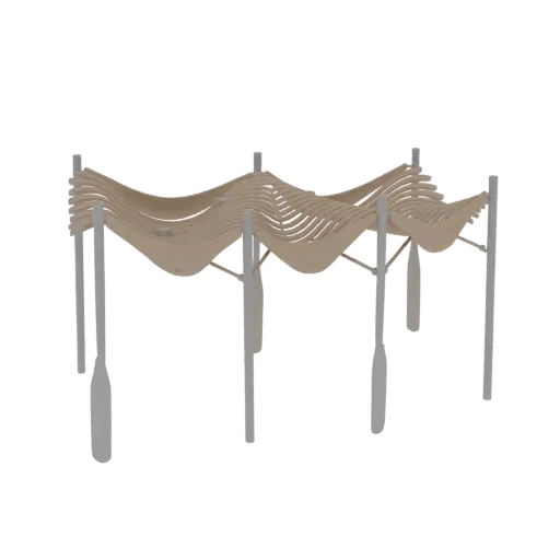 3D model of a modern wavy canopy structure with flowing lines supported by vertical columns, rendered against a black backgro