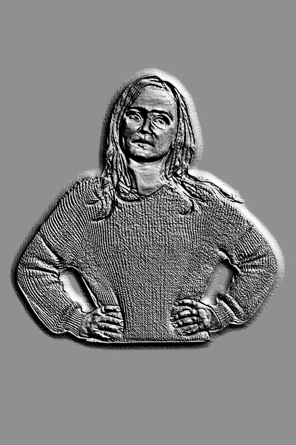 3D model of a woman's bas-relief in a sweater, standing in a confident pose with hands on hips, in an engraving style.
