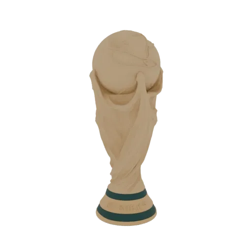 3D model of the golden 2026 FIFA World Cup Trophy with green bands at the base on a black background.