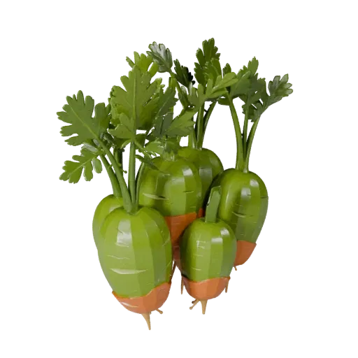 Chopped Carrot Bunch Stylized 3D model, stylized isometric render, showing leaf veins, clear vegetable silhouettes.