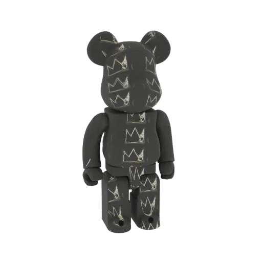 3D model of a dark grey Bearbrick toy featuring Jean-Michel Basquiat's crown motif all over its body.
