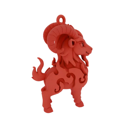 3D model of a red Aries ram with stylized flame accents, viewed from the side against a black background.