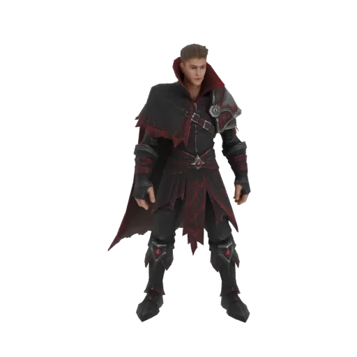 Modèle 3D d'un Guerrier Vampire Gothique en armure sombre avec des accents rouges et une cape fluide, prêt à l'action.
