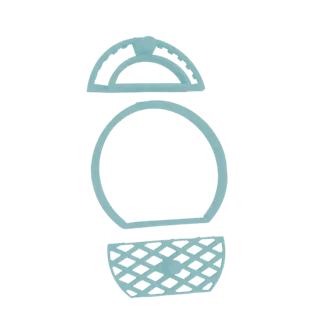 3D model of a light blue basket cookie cutter set, showing a handle, a circular cutter, and a lattice-patterned base.