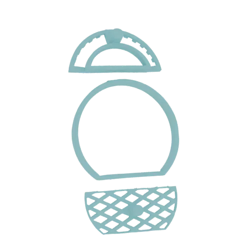 3D model of a light blue basket cookie cutter set, showing a handle, a circular cutter, and a lattice-patterned base.