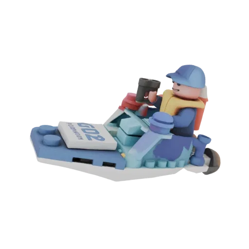 3D model of a stylized snowmobile rider in a blue outfit, seated on a snowmobile with a cargo box labeled 'GD2' in front.