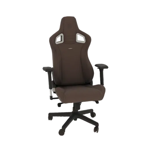 Un modèle 3D de chaise de jeu marron style course avec des accents argentés et une base noire, vu de face.