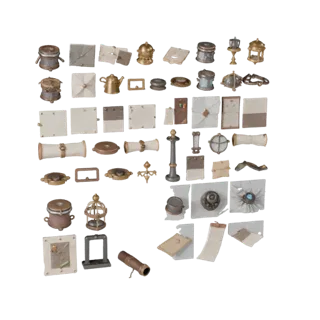 Market Scroll Bundle 3D model, three-quarter front view, Unreal Engine viewport, showing paper-like cards, form detail.