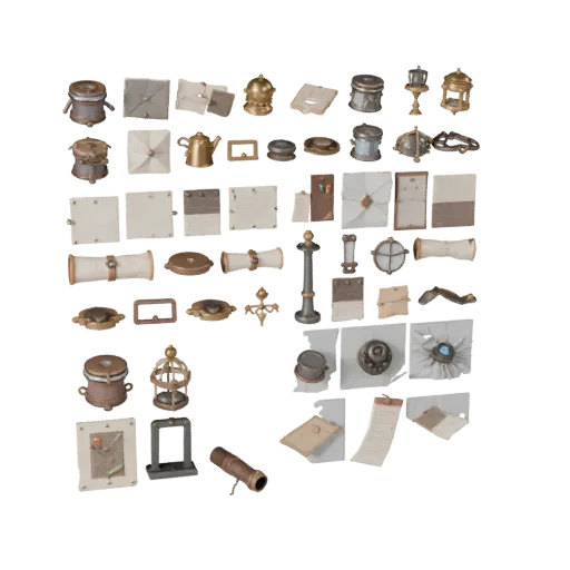 Market Scroll Bundle 3D model, three-quarter front view, Unreal Engine viewport, showing paper-like cards, form detail.