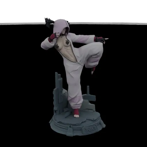 3D model of a female martial artist in a dynamic kick pose, wearing a hooded outfit and standing on a detailed base.