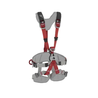 3D model of a professional safety harness with grey and red accents, featuring adjustable straps and buckles.