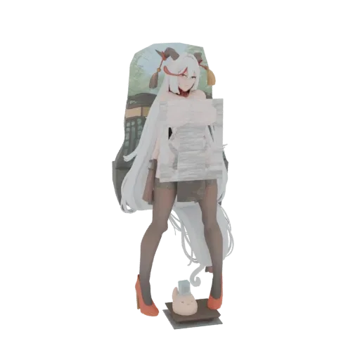 3D model of an elegant anime figure with long white hair, horns, and a graceful pose, standing against a blurred background.