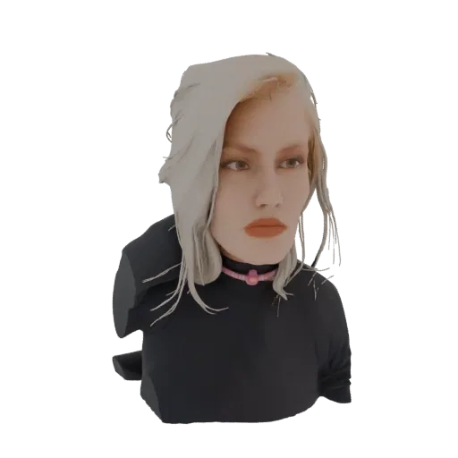 AI-generated 3D model of a female bust with blonde hair, wearing a pink choker, and a dark bust base.
