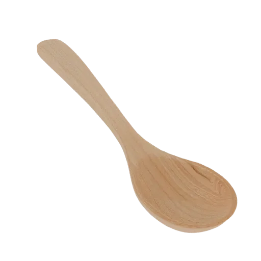 Un render 3D de una cuchara de madera de color claro con acabado liso y veta de madera visible, aislado sobre fondo blanco.