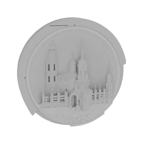 3D model of an Orthodox church in relief, featuring domes, a bell tower, and intricate architectural details.