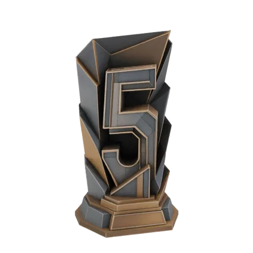A 3D render of an Art Deco style trophy with the number "5" prominently displayed, featuring geometric facets in dark grey an